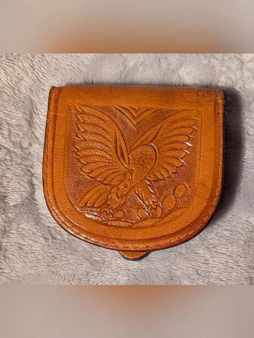 Vintage Brown Leather Mexican Wallet Coin Pouch with Embossed Eagle 3 Inches
